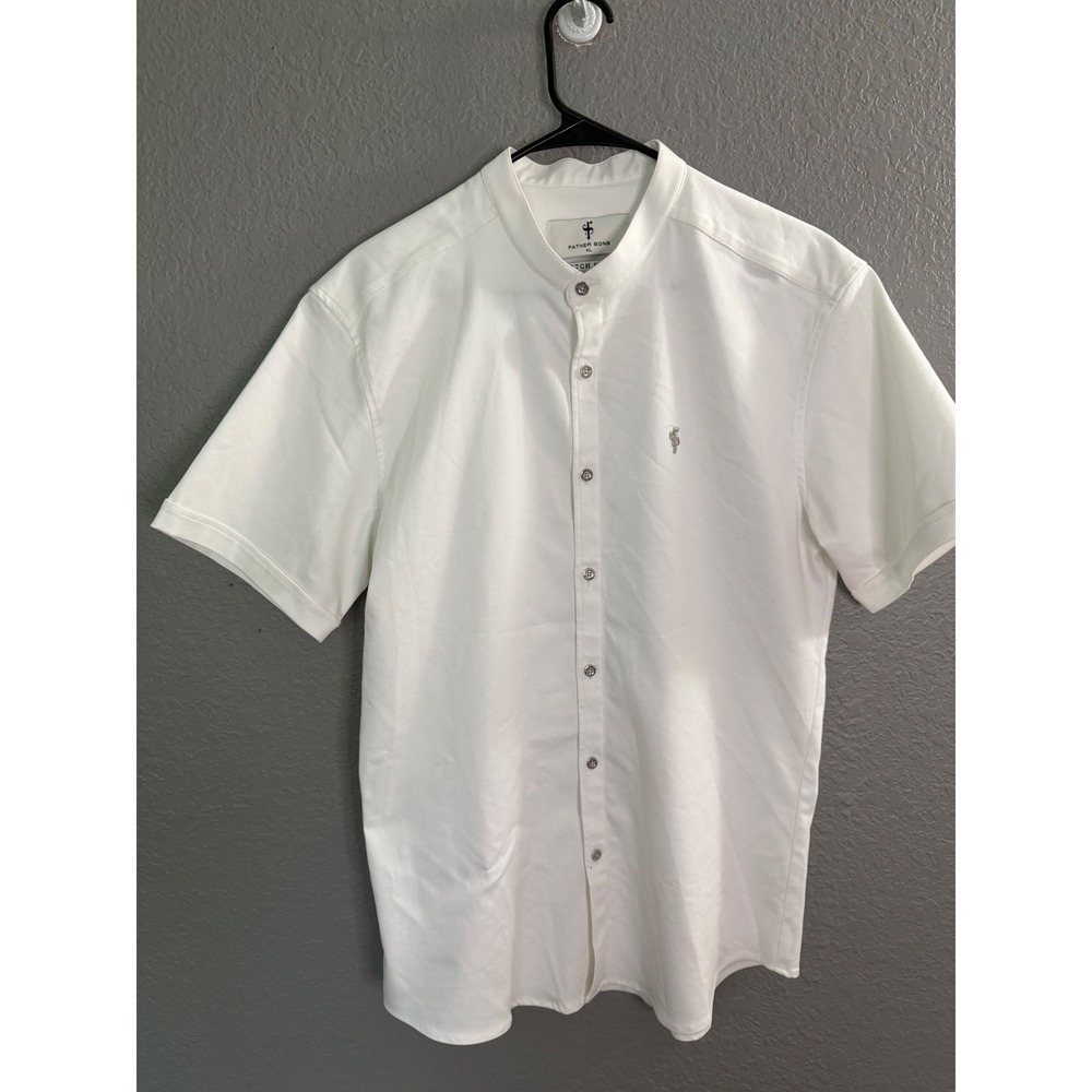 Father Sons Mens XL White Stretch Slim Fit Grandad Collar‎ Short Sleeve Shirt